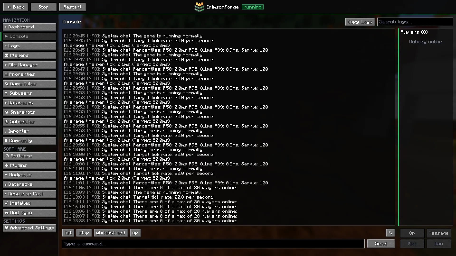 The server page in Minecraft: navigation on the left, the live console with search and a command box, the online player list on the right