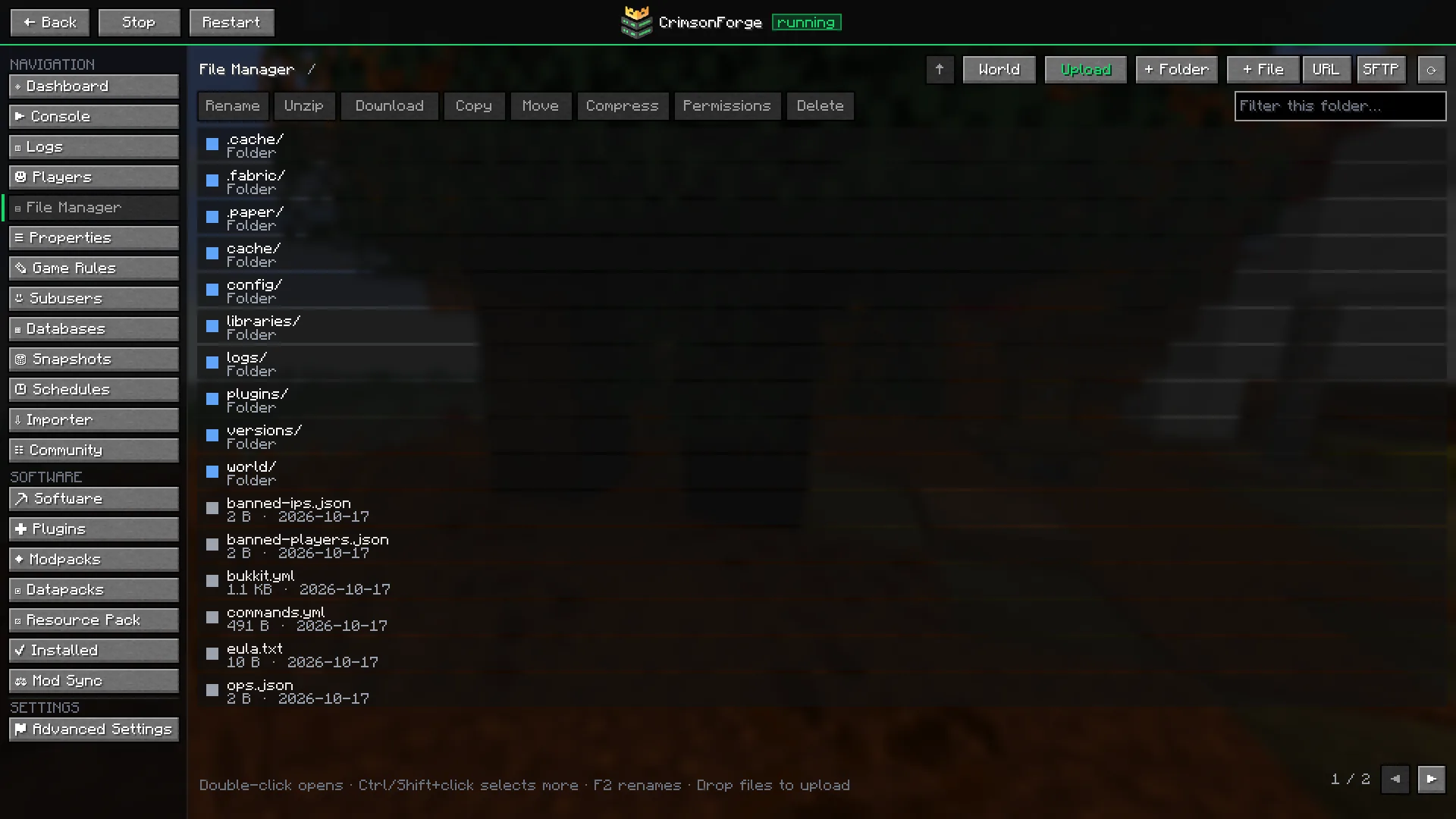 The file manager in Minecraft listing the server's folders and files with rename, unzip, download, copy, move and delete buttons