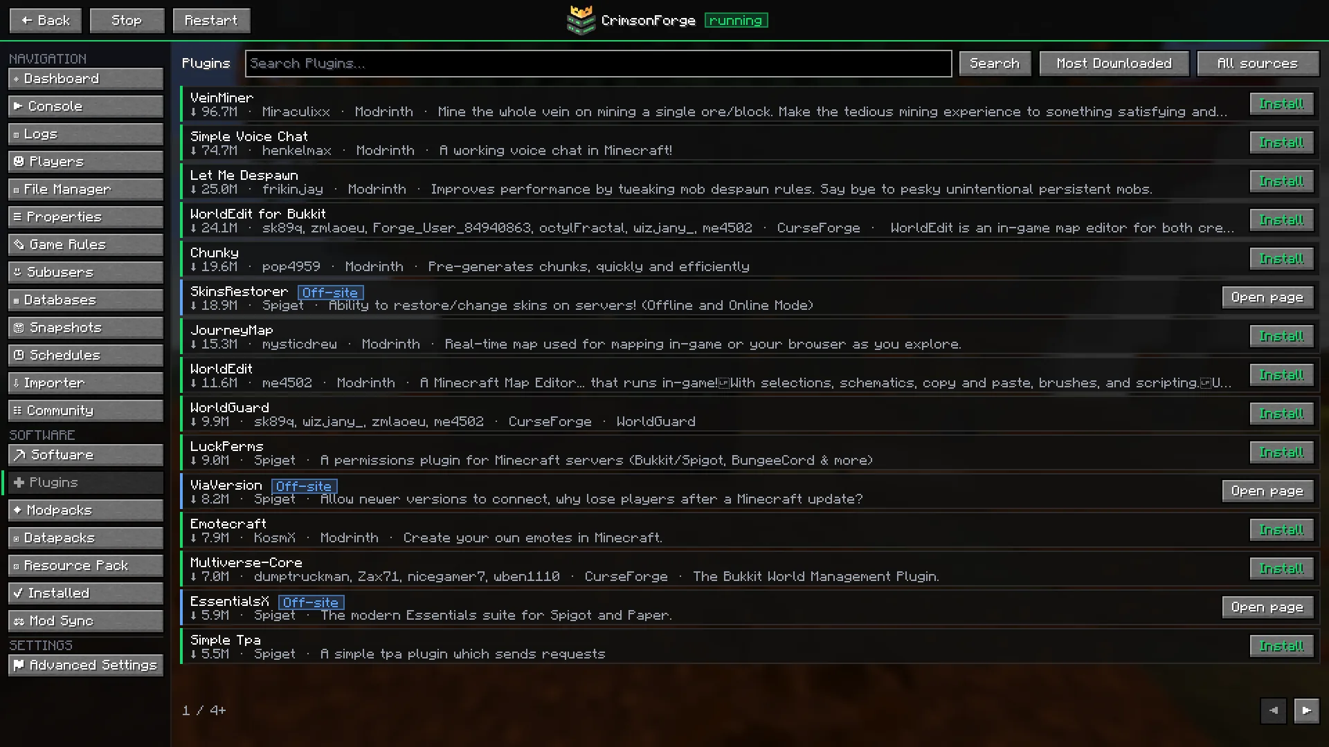 The plugin marketplace in Minecraft listing popular plugins from Modrinth, CurseForge and Spiget with Install buttons