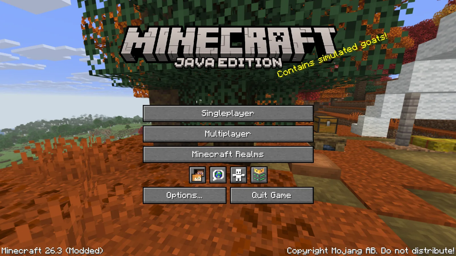 The Minecraft title screen with the MCSHPortal logo button in the row of small icon buttons above Options and Quit Game